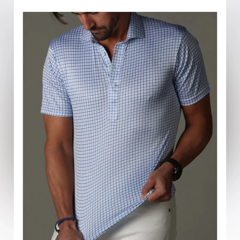 NWT Collars & Co. Semi-Spread Collar Polo Blue Tattersall Mens Size Medium Tall - Picture 5 of 11